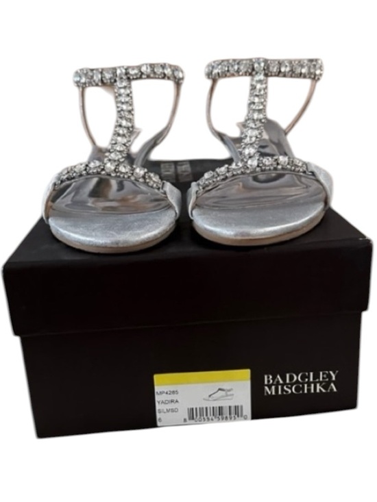 Badgley Mischka Shoes - Women’s BADGLEY MISCHKA Silver T-Strap Yadira Wedge Leather Sandals, SZ. 6.
